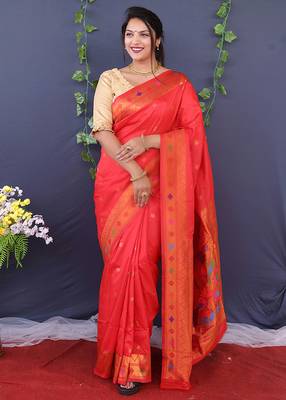 Scarlet red banarasi silk blend saree with copper zari butti & geometric woven border 1