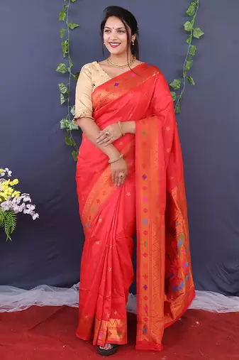 Scarlet red banarasi silk blend saree with copper zari butti & geometric woven border