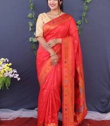 Scarlet red banarasi silk blend saree with copper zari butti & geometric woven border