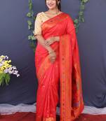Scarlet red banarasi silk blend saree with copper zari butti & geometric woven border