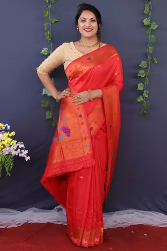Scarlet red banarasi silk blend saree with copper zari butti & geometric woven border