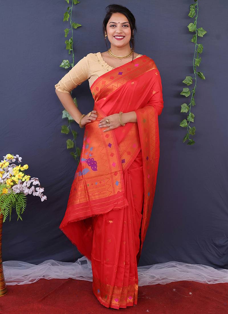 Scarlet red banarasi silk blend saree with copper zari butti & geometric woven border