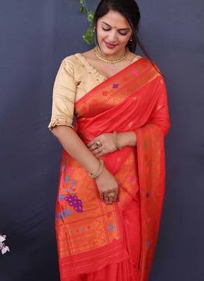 Scarlet red banarasi silk blend saree with copper zari butti & geometric woven border 3