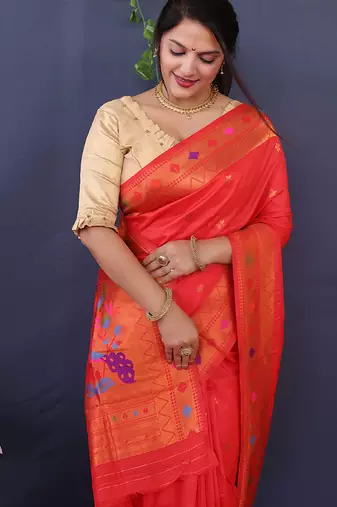Scarlet red banarasi silk blend saree with copper zari butti & geometric woven border