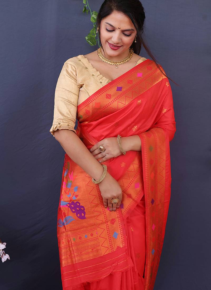 Scarlet red banarasi silk blend saree with copper zari butti & geometric woven border