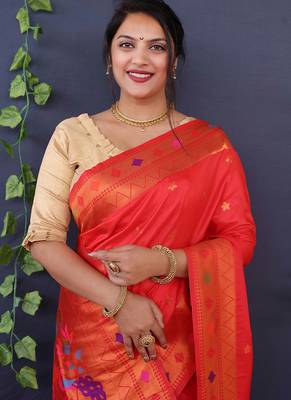 Scarlet red banarasi silk blend saree with copper zari butti & geometric woven border 4