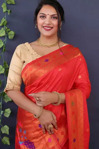 Scarlet red banarasi silk blend saree with copper zari butti & geometric woven border