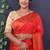 Scarlet red banarasi silk blend saree with copper zari butti & geometric woven border
