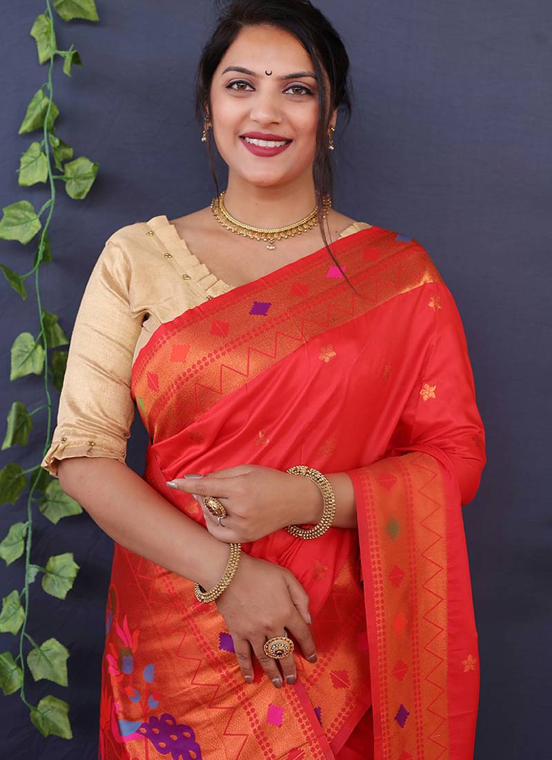 Scarlet red banarasi silk blend saree with copper zari butti & geometric woven border