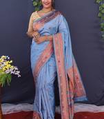 Sky blue banarasi silk blend saree with copper zari butti & geometric woven border