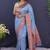 Sky blue banarasi silk blend saree with copper zari butti & geometric woven border