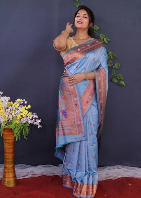 Sky blue banarasi silk blend saree with copper zari butti & geometric woven border 2