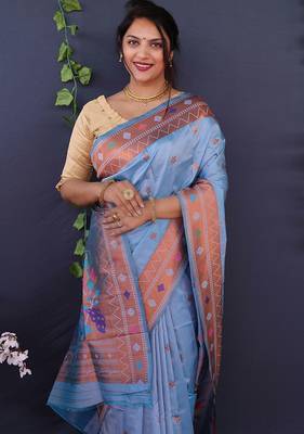 Sky blue banarasi silk blend saree with copper zari butti & geometric woven border 3