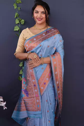 Sky blue banarasi silk blend saree with copper zari butti & geometric woven border