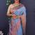 Sky blue banarasi silk blend saree with copper zari butti & geometric woven border