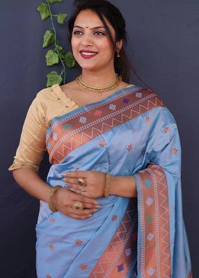 Sky blue banarasi silk blend saree with copper zari butti & geometric woven border 4