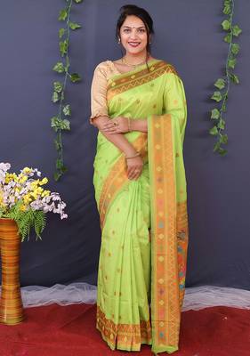 Light green banarasi silk blend saree with copper zari butti & geometric woven border 1