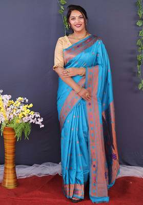 Aqua blue banarasi silk blend saree with copper zari butti & geometric woven border 1
