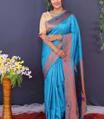 Aqua blue banarasi silk blend saree with copper zari butti & geometric woven border