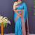 Aqua blue banarasi silk blend saree with copper zari butti & geometric woven border