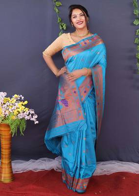 Aqua blue banarasi silk blend saree with copper zari butti & geometric woven border 2