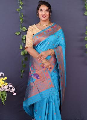 Aqua blue banarasi silk blend saree with copper zari butti & geometric woven border 3