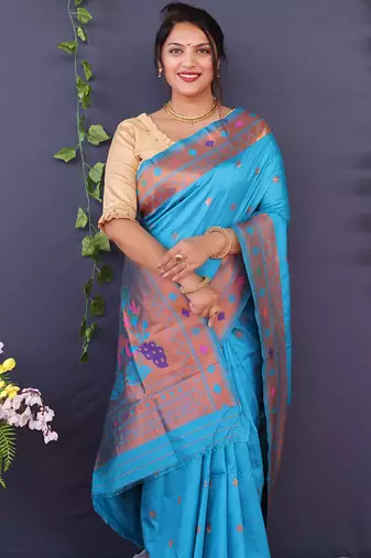 Aqua blue banarasi silk blend saree with copper zari butti & geometric woven border