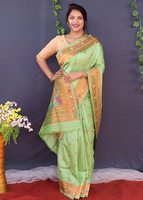 Mint green banarasi silk blend saree with copper zari butti & geometric woven border 2