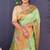 Mint green banarasi silk blend saree with copper zari butti & geometric woven border