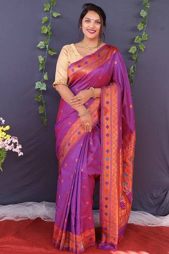 Magenta purple banarasi silk blend saree with copper zari butti & geometric woven border