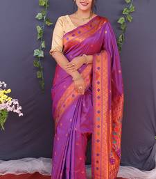 Magenta purple banarasi silk blend saree with copper zari butti & geometric woven border