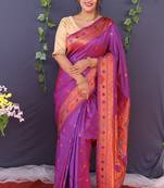 Magenta purple banarasi silk blend saree with copper zari butti & geometric woven border