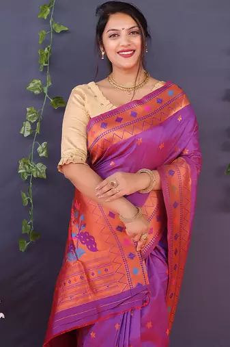 Magenta purple banarasi silk blend saree with copper zari butti & geometric woven border