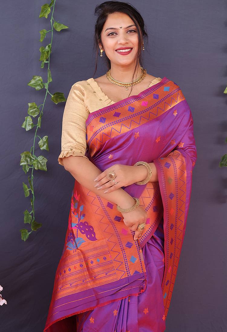Magenta purple banarasi silk blend saree with copper zari butti & geometric woven border
