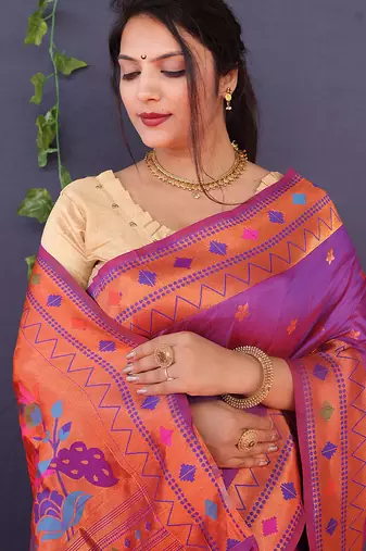 Magenta purple banarasi silk blend saree with copper zari butti & geometric woven border