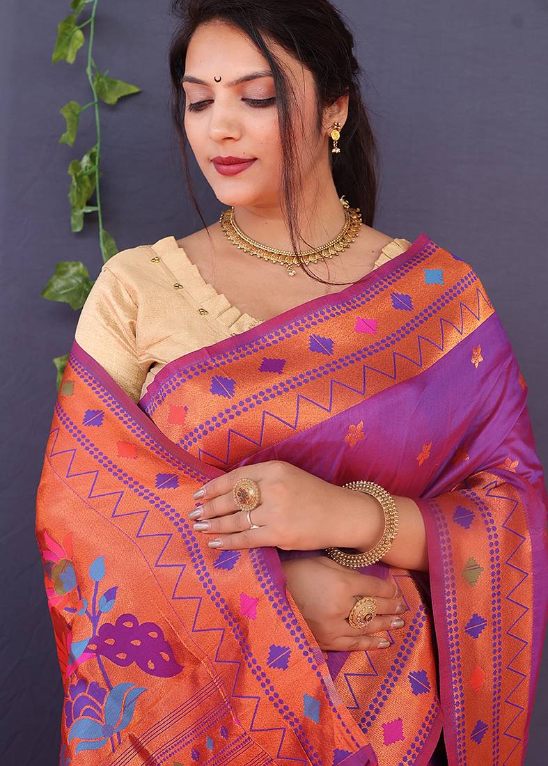 Magenta purple banarasi silk blend saree with copper zari butti & geometric woven border