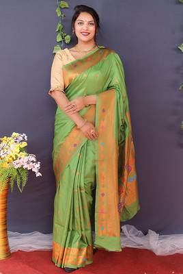 Leaf green banarasi silk blend saree with copper zari butti & geometric woven border 1