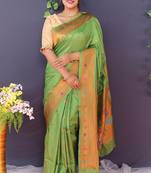 Leaf green banarasi silk blend saree with copper zari butti & geometric woven border