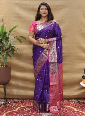 Purple banarasi silk blend saree with contrast border & rich zari weaving 1