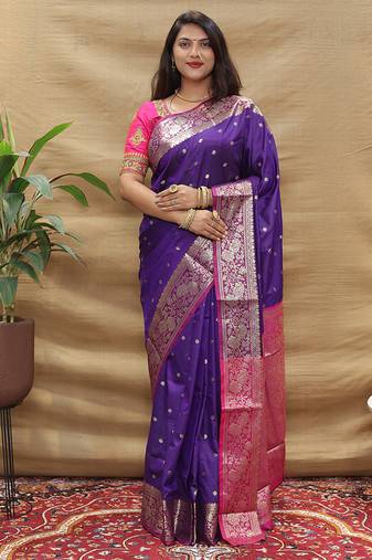 Purple banarasi silk blend saree with contrast border & rich zari weaving