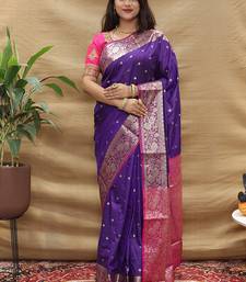 Purple banarasi silk blend saree with contrast border & rich zari weaving