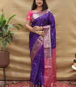 Purple banarasi silk blend saree with contrast border & rich zari weaving
