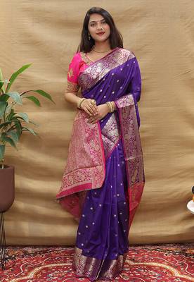 Purple banarasi silk blend saree with contrast border & rich zari weaving 2