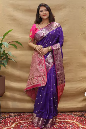 Purple banarasi silk blend saree with contrast border & rich zari weaving