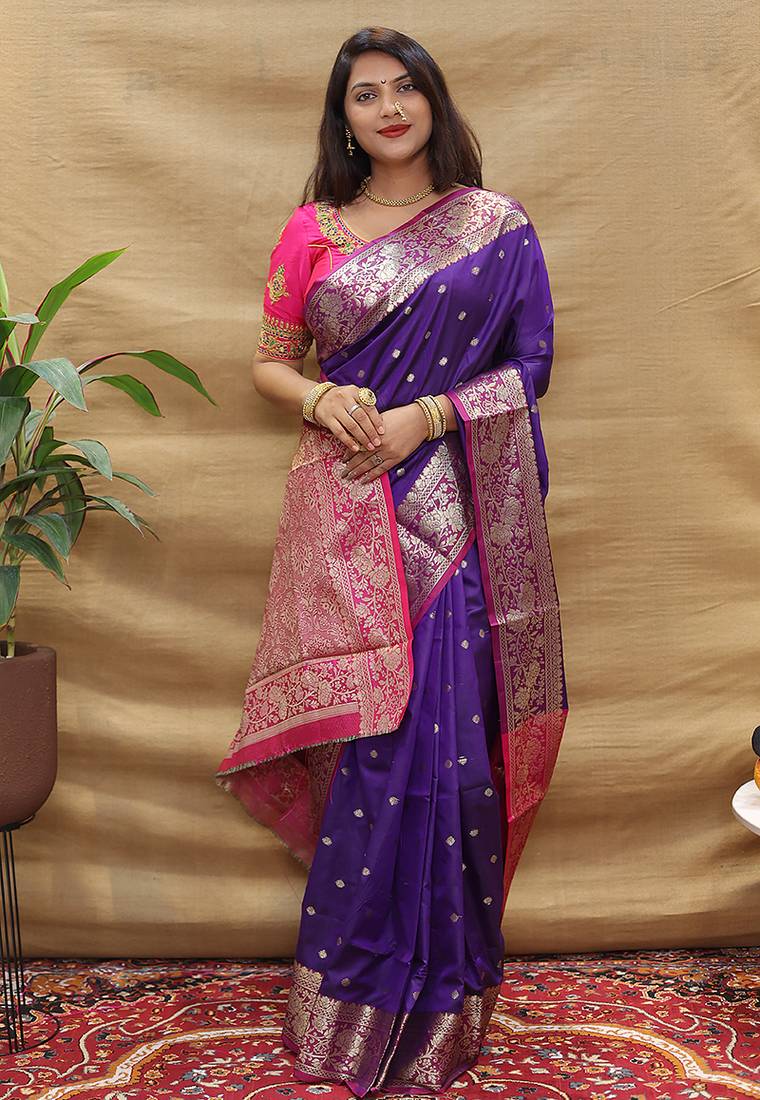 Purple banarasi silk blend saree with contrast border & rich zari weaving