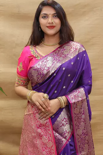 Purple banarasi silk blend saree with contrast border & rich zari weaving