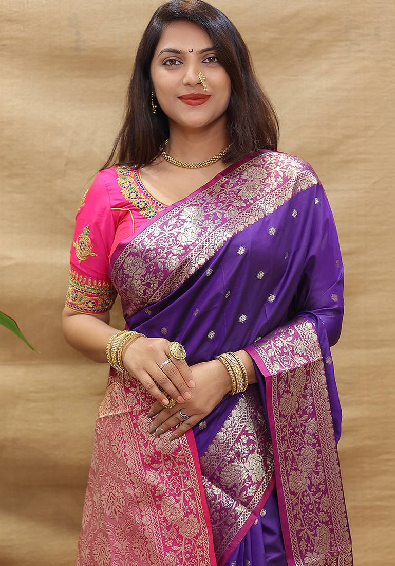 Purple banarasi silk blend saree with contrast border & rich zari weaving
