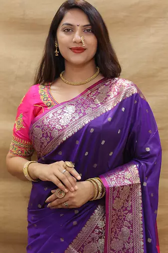 Purple banarasi silk blend saree with contrast border & rich zari weaving