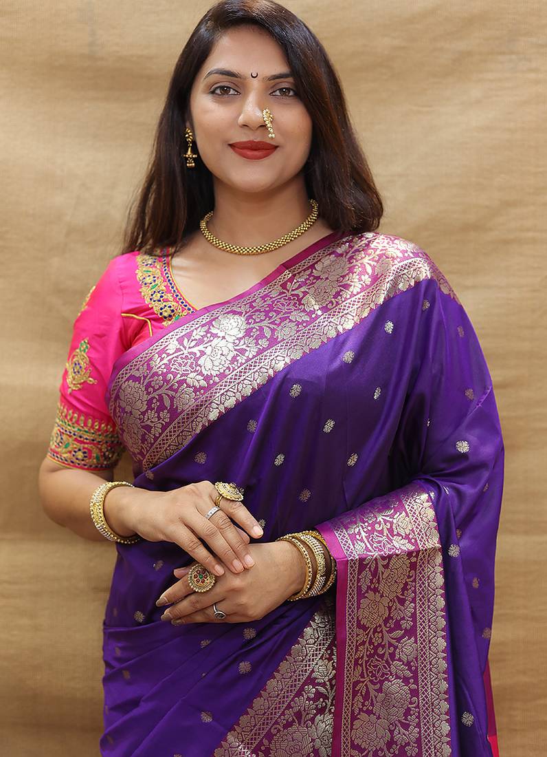 Purple banarasi silk blend saree with contrast border & rich zari weaving