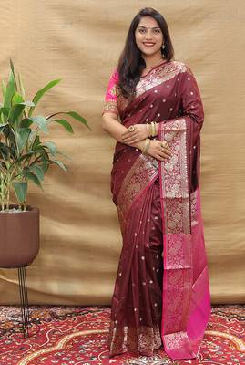 Wine banarasi silk blend saree with contrast border & rich zari weaving 1